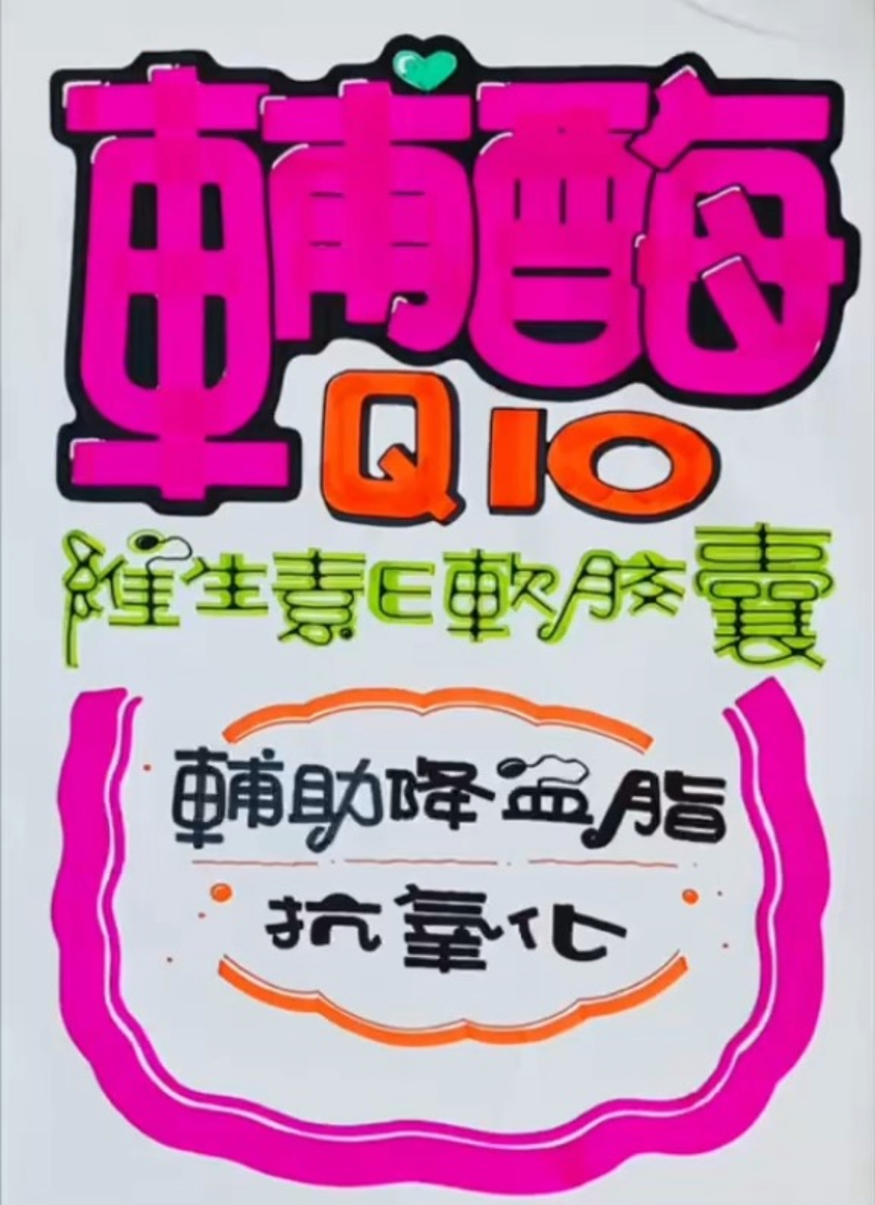 辅酶Q10维生素软胶囊 手绘POP海报 卡通字体门店海报